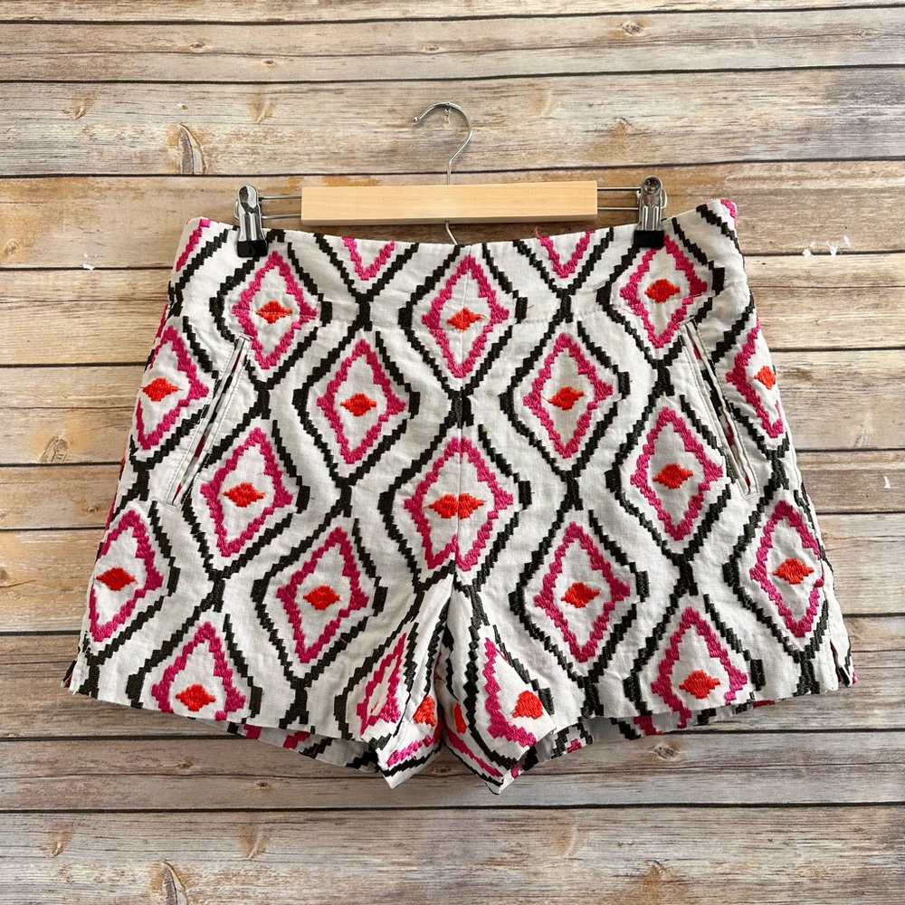 LOFT Shorts Women’s Size 12 Beige The Riviera Embroidered Linen Geometric